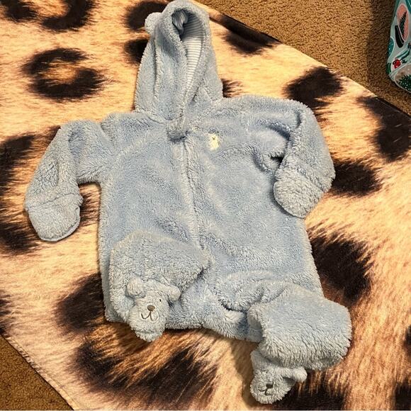 Carter’s Baby Boys Bear Fleece Snowsuit Size 9 Months Blue w/ Hood Light Blue - Picture 1 of 8